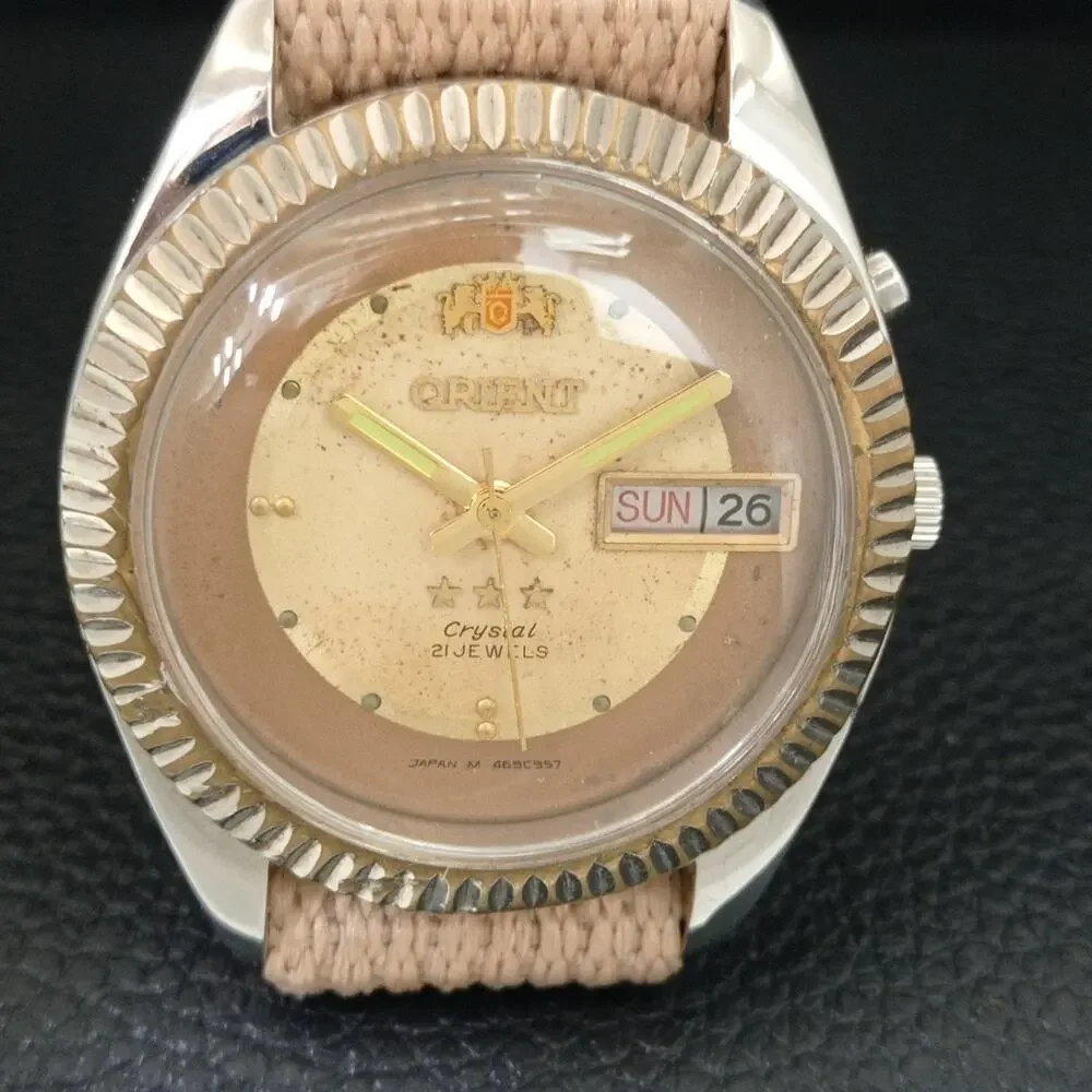 Vintage 1975 Orient Automatic Mens Silver Watch W/daydate & Gold accents